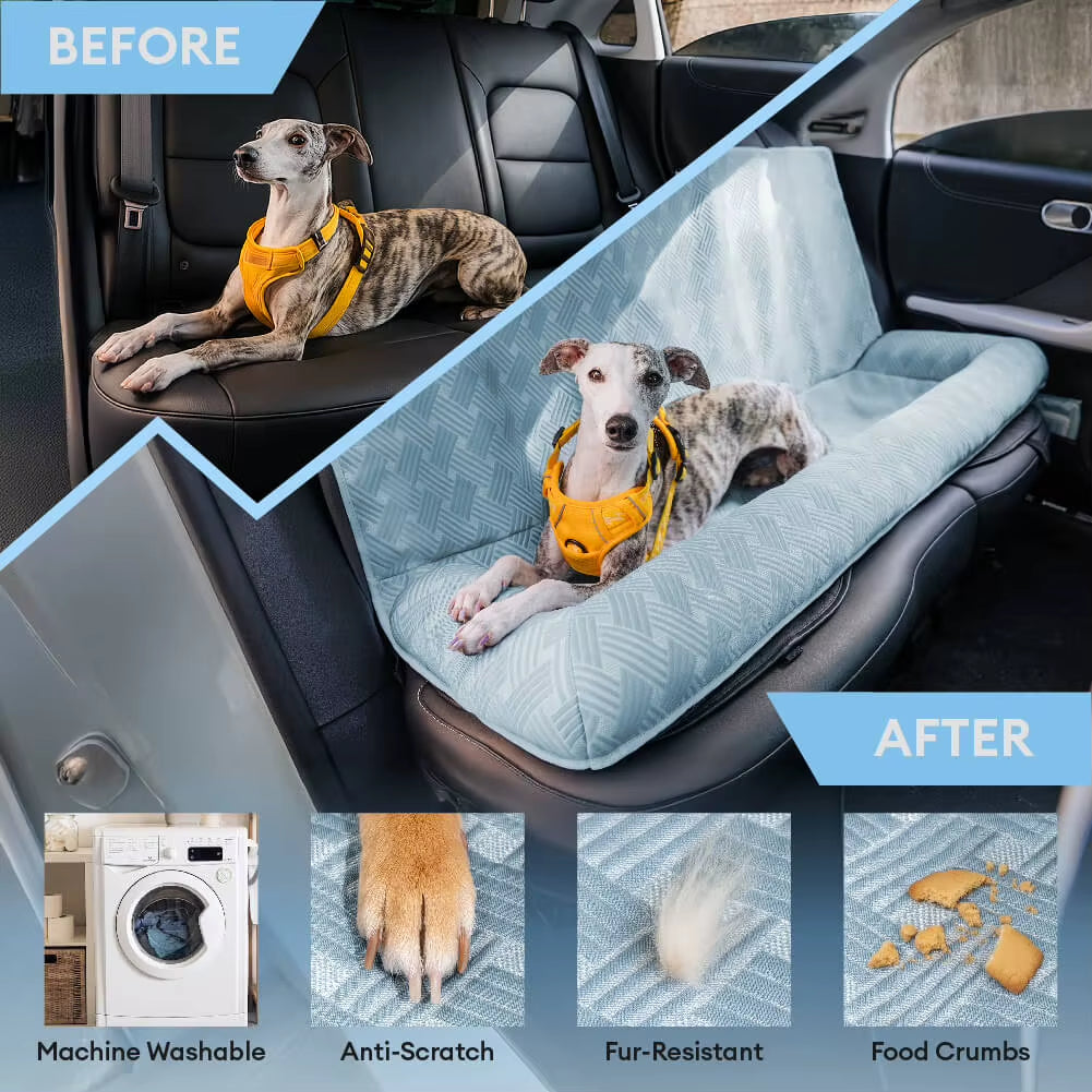 Cooling Travel Bolster Safety Back Seat Cover Large Dog Car Seat Bed Blue with Headrest- Chill Rover
