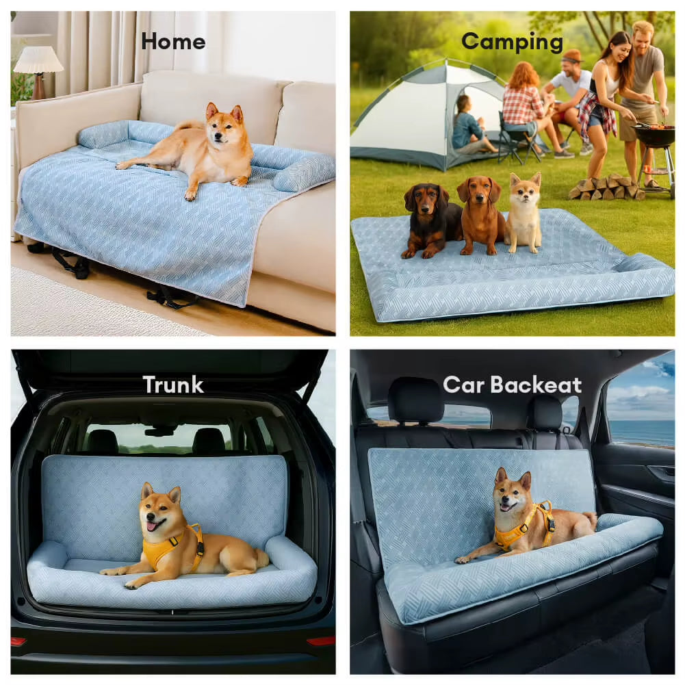 Cooling Travel Bolster Safety Back Seat Cover Large Dog Car Seat Bed Blue with Headrest- Chill Rover